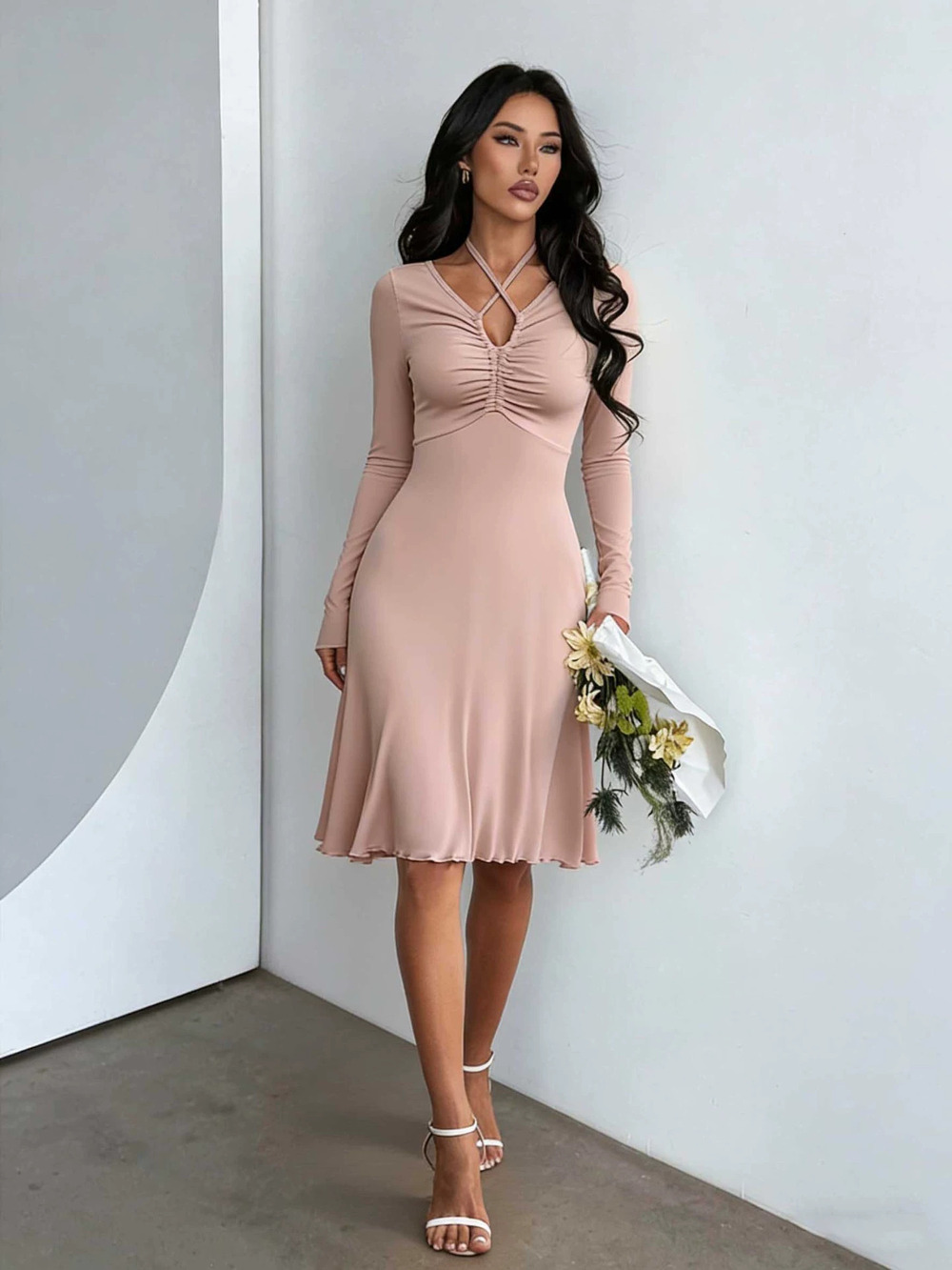 ZARA Elegant Cross Halter Neck Ruched Waist Ruffle Hem Midi Office Dress